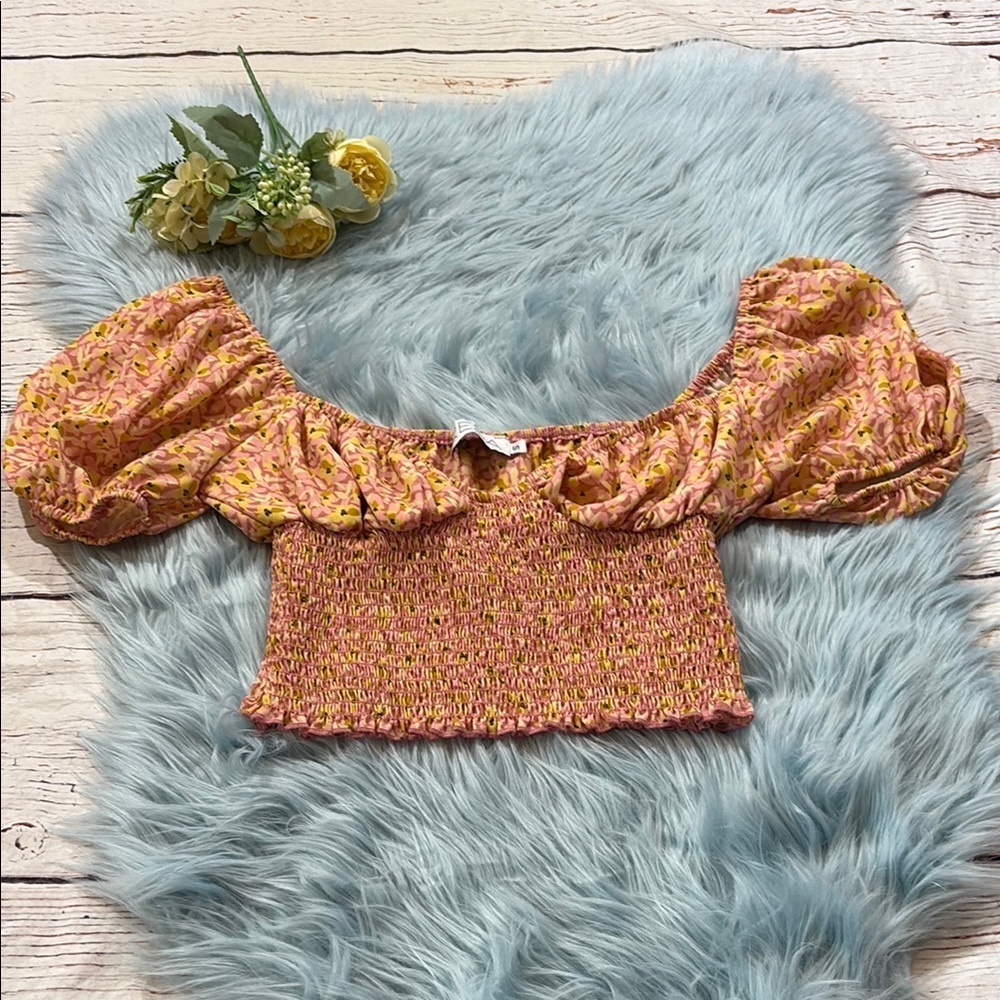RESA Stella Flower Crop Smocked Orange Top sz S